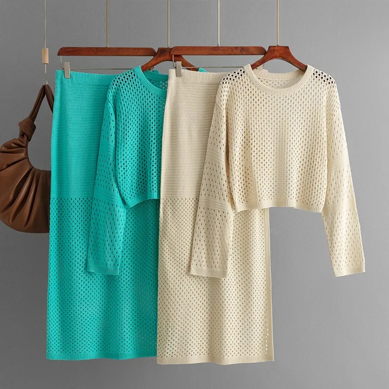 2025, dames lente zomer gebreide holle trui, modejurk, tweedelige set, elegante outfit met lange mouwen, top en rok
