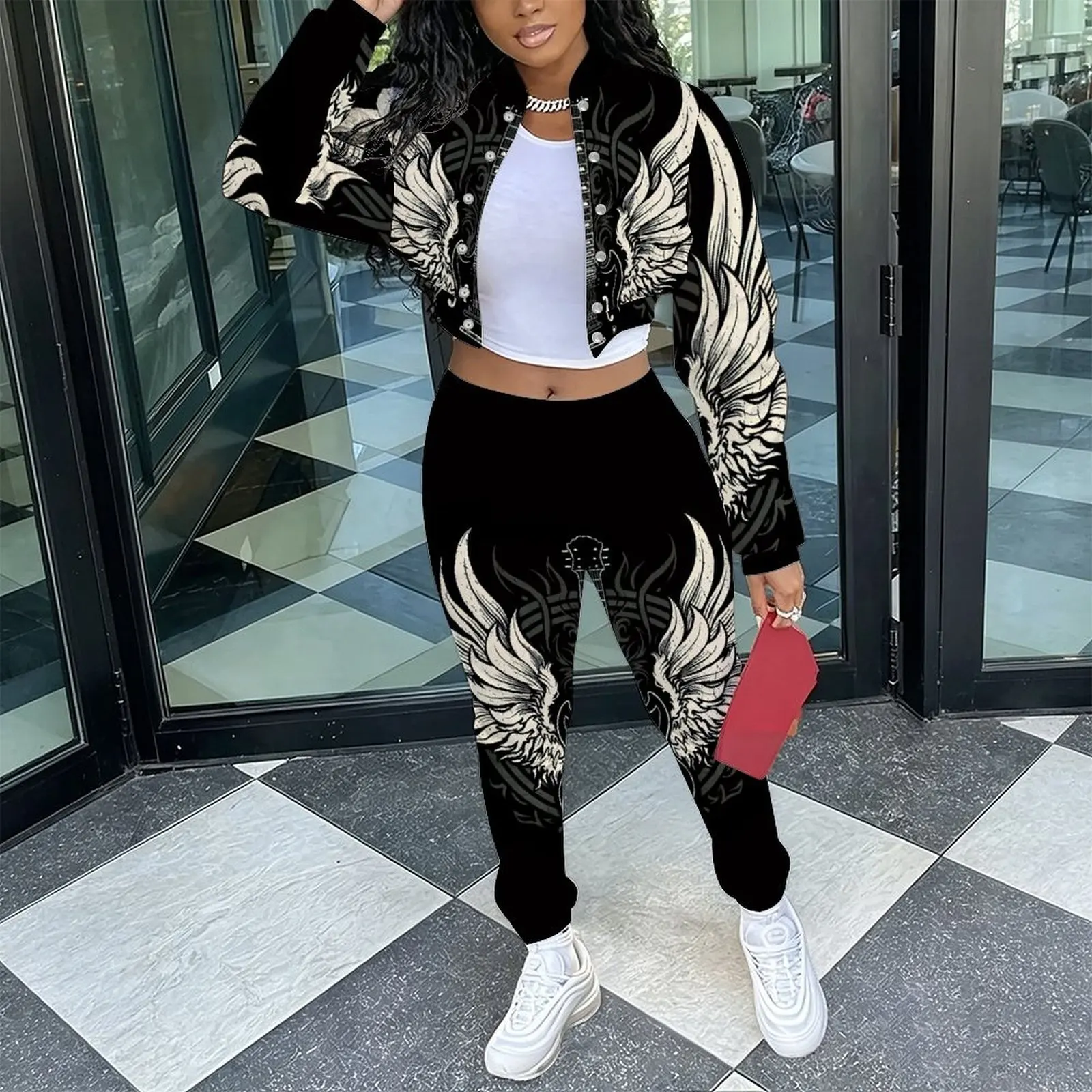 Female Fashion Two‑Piece Set Retro Long Sleeve Stand Collar Jacket  Slim Fit Long Pants Ladies Everyday Commuting Elegant Outfit