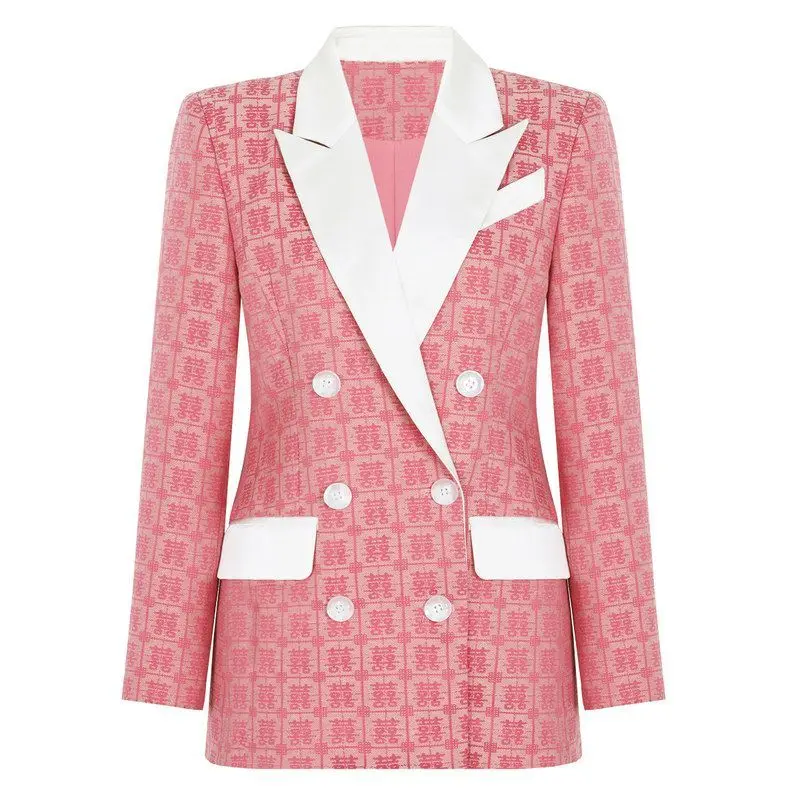 

Fashionable Retro Classic Double Happiness Character Slim Fit Women's Suit Jacket Commute Style Long Sleeve Dark Button Closure