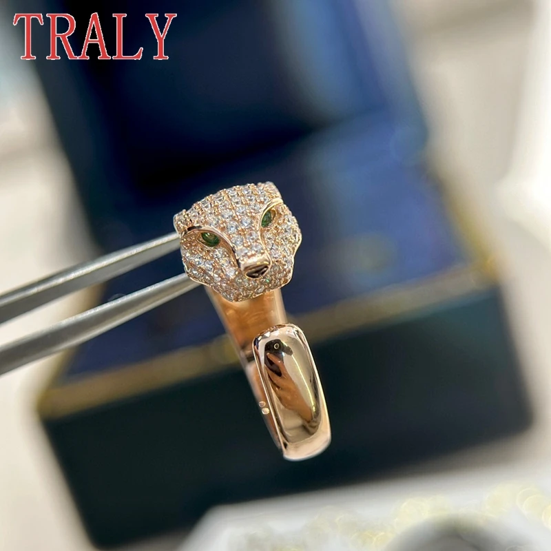 Anelli con testa di leopardo in argento sterling 925 per le donne Fedi nuziali alla moda con mezzo diamante Regali per feste di gioielli color oro bianco \ rosa