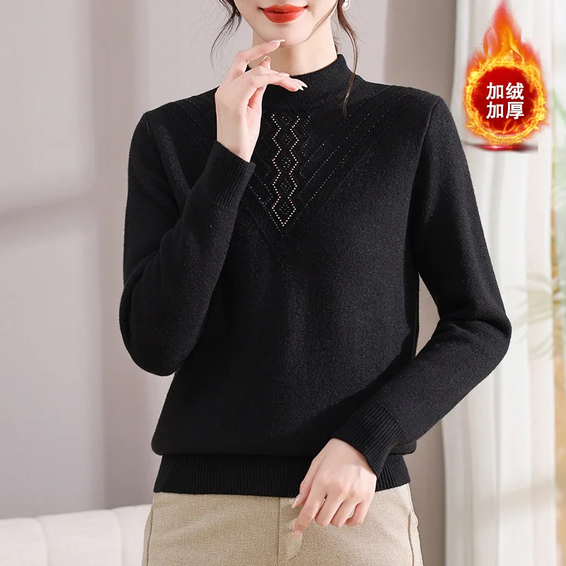 두꺼운 벨벳 따뜻한 여성 의류 플리스 니트웨어 겨울 옷 여성 터틀넥 중년 어머니 스웨터 탑스 풀 펨므
