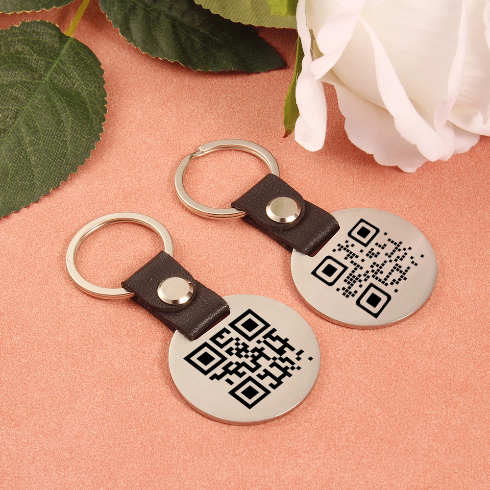 1pcs Personalized Laser Engraved QR Code Picture PU Round Stainless Steel Keychain, Exclusive QR Code for You, Special Gifts view 4
