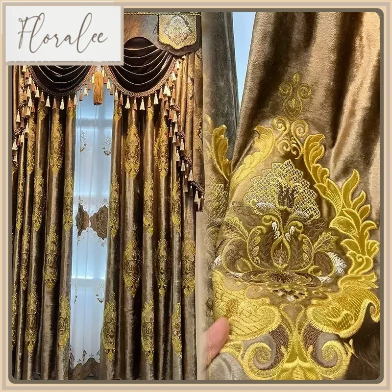 

Brown Luxury European Thickened Jacquard Curtains For Living Room Cloth Court Blackout Elegant Bedroom Valance Embroider Tulle