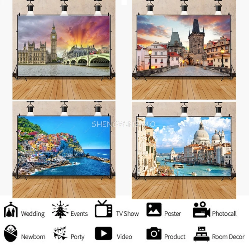 

Vinyl Custom Background European Landscape Famous Scenic Spots Street Night Scene Photography Background Props OZ-01