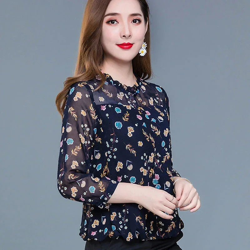 Women Chiffon Blouse 2021Autumn Floral Print Tunic Casual Middle Long Sleeve O-neck Top Lady Blouse NS4885