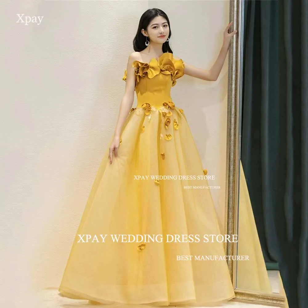 

XPAY Satin Tulle Strapless Ruffles Korea Evening Dresses Yellow 3D Flowers Formal Prom Gown Photo Shoot Wedding Party Dress