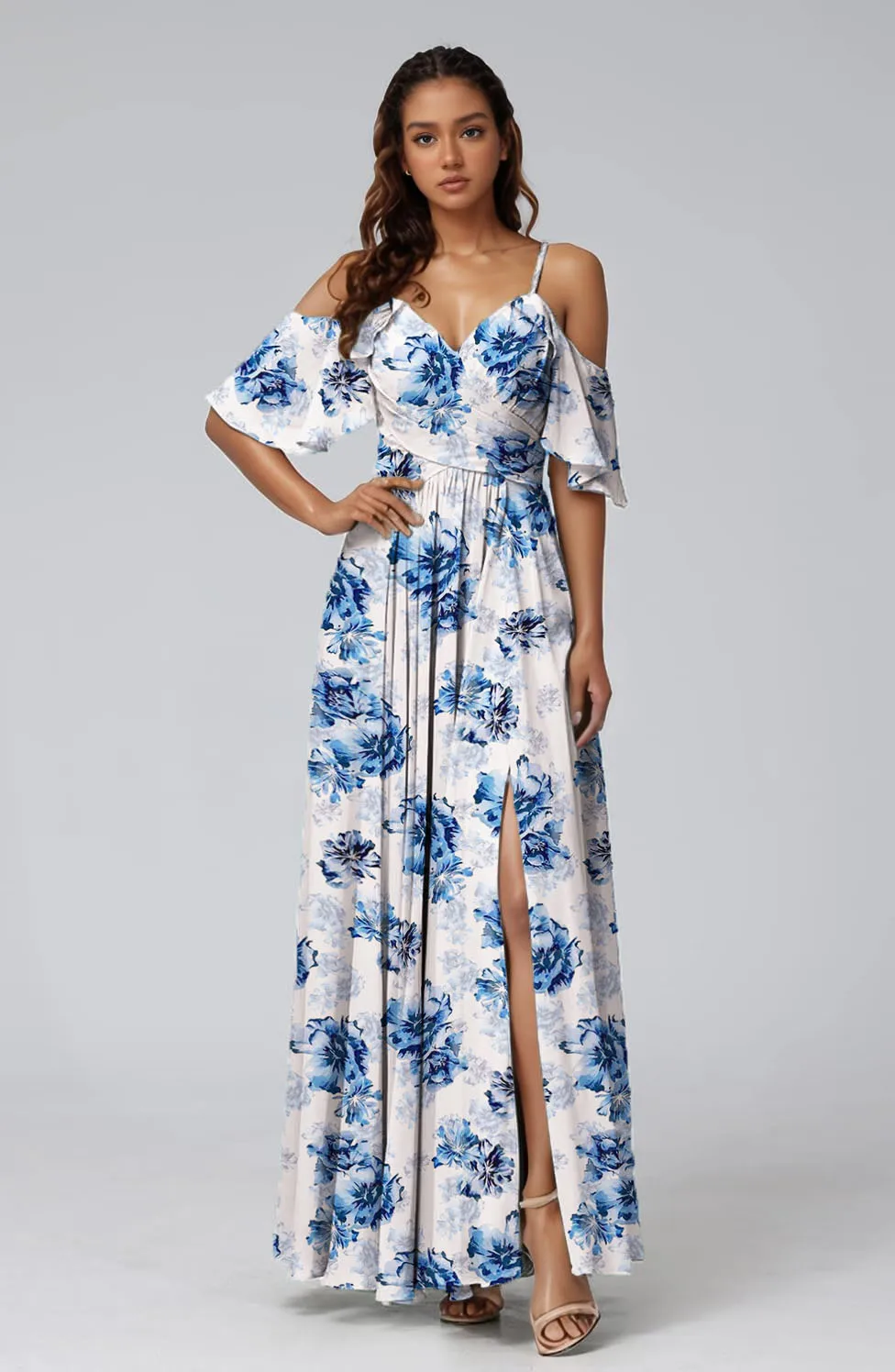 

Women's Off Shoulder Boho Floral Maxi Dress Ruffles Sleeves Side Slit Bridesmaid Dresses High Waist Beach Party Dress