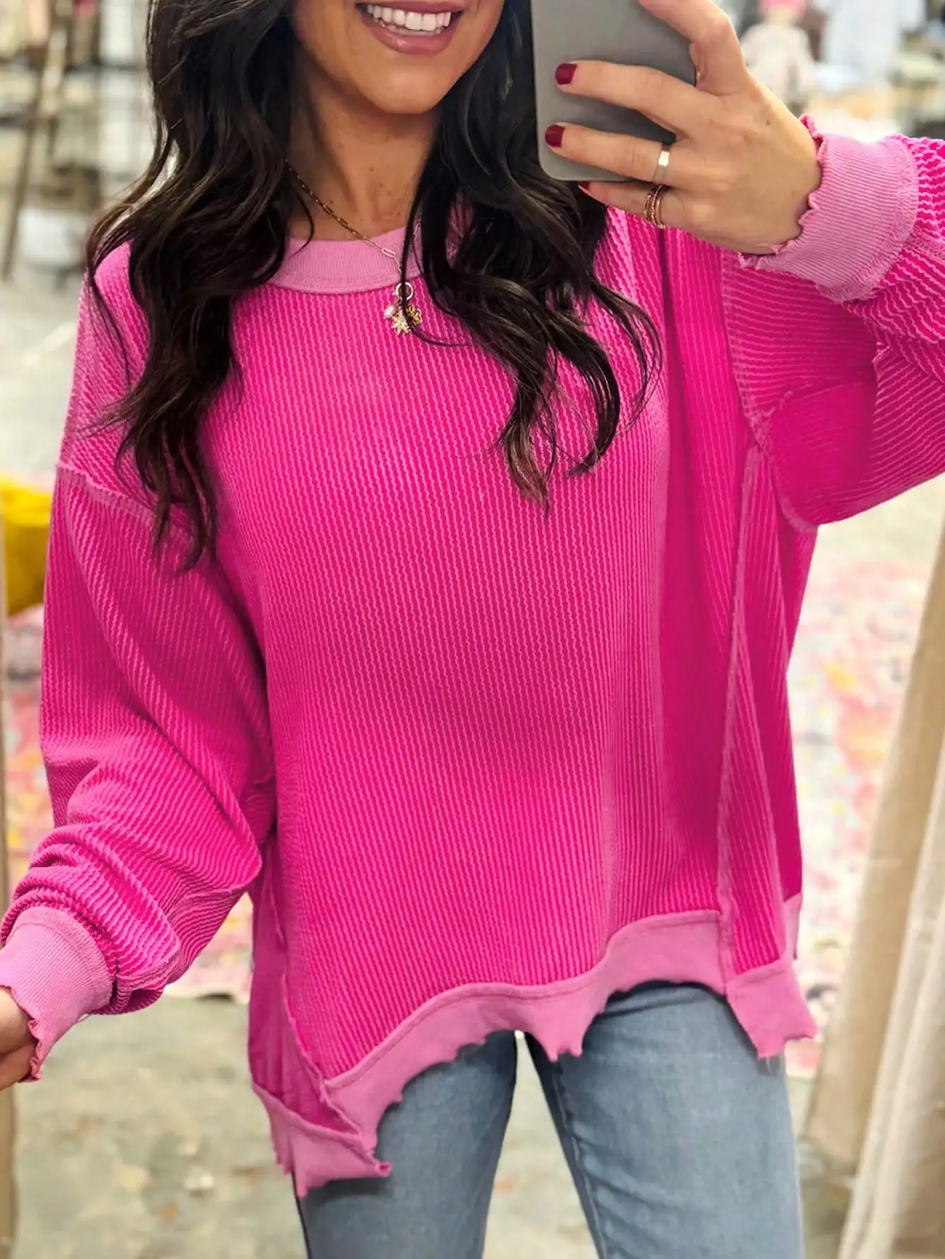 

Розовая фактурная толстовка с длинным рукавом, свободного кроя, с круглым вырезом, для повседневной носки