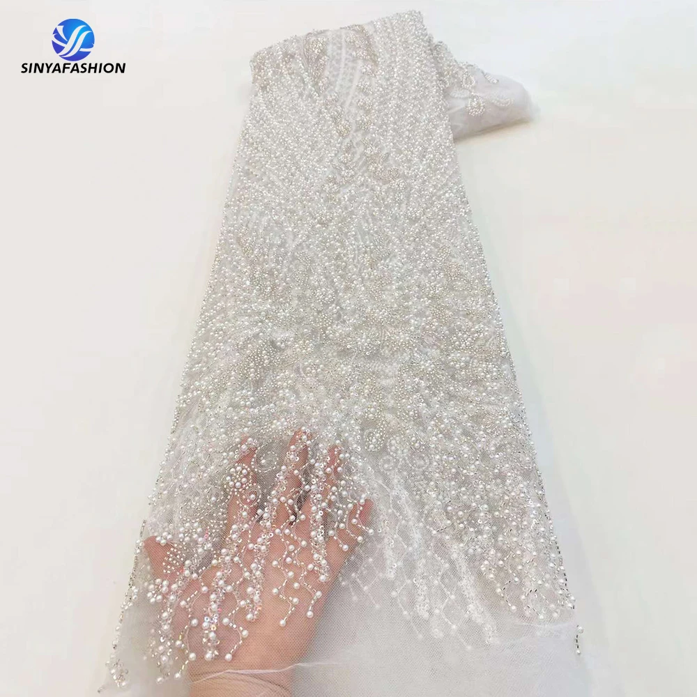 Sinya Fully Pearls African French Sequins Nigerian Tulle Lace Fabric 2024 High Quality Bridal Wedding Beaded Lace Fabrics Luxury