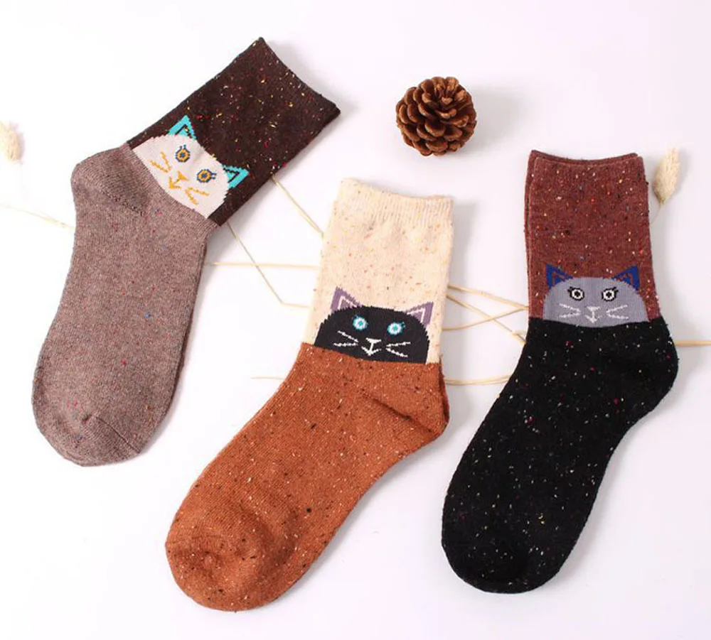 3 Paar/Set Vintage Dicke Kaninchenwollsocken für Damen Retro Winter Harajuku Tiermotive Eule Hirsch Katze Elefant Niedlich Süß – Detail 14
