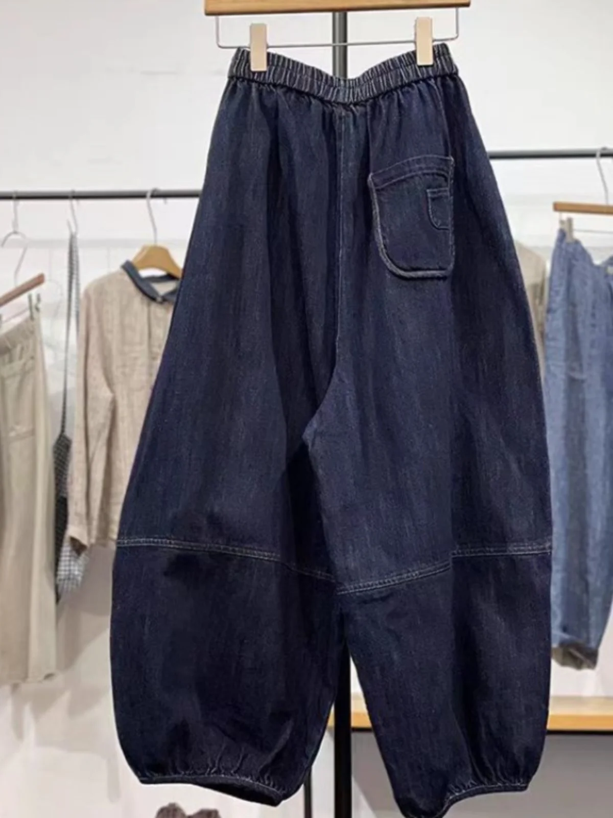 Calças Jeans Plus Size Fenas Primavera Vintage com Patchwork Cintura Elástica Harlan Largas e Ajustadas