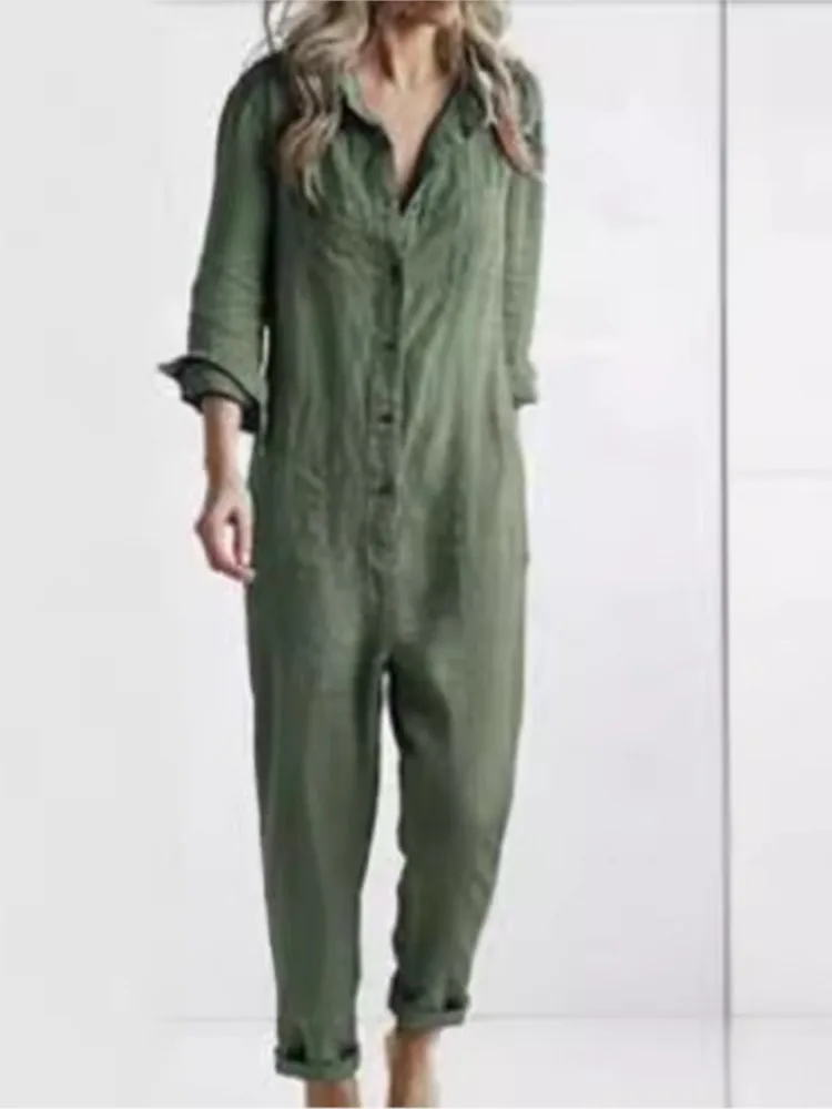 Cotton Linen Jumpsuits Women Vintage Overalls Single Breasted Button Long Sleeve Shirt Romper Solid Color Pockets Jumpsuit