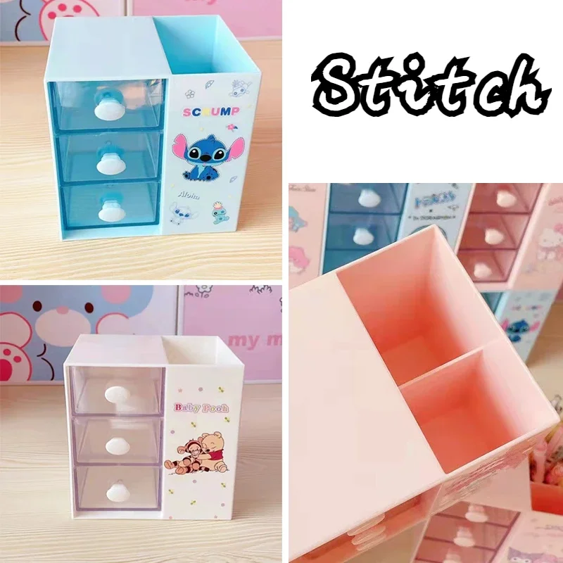 Disney Stitch Cartoon Desktop Storage Box Transparent Drawer Student Stationery Storage Pen Holder Desktop Tidy Storage Box Gift