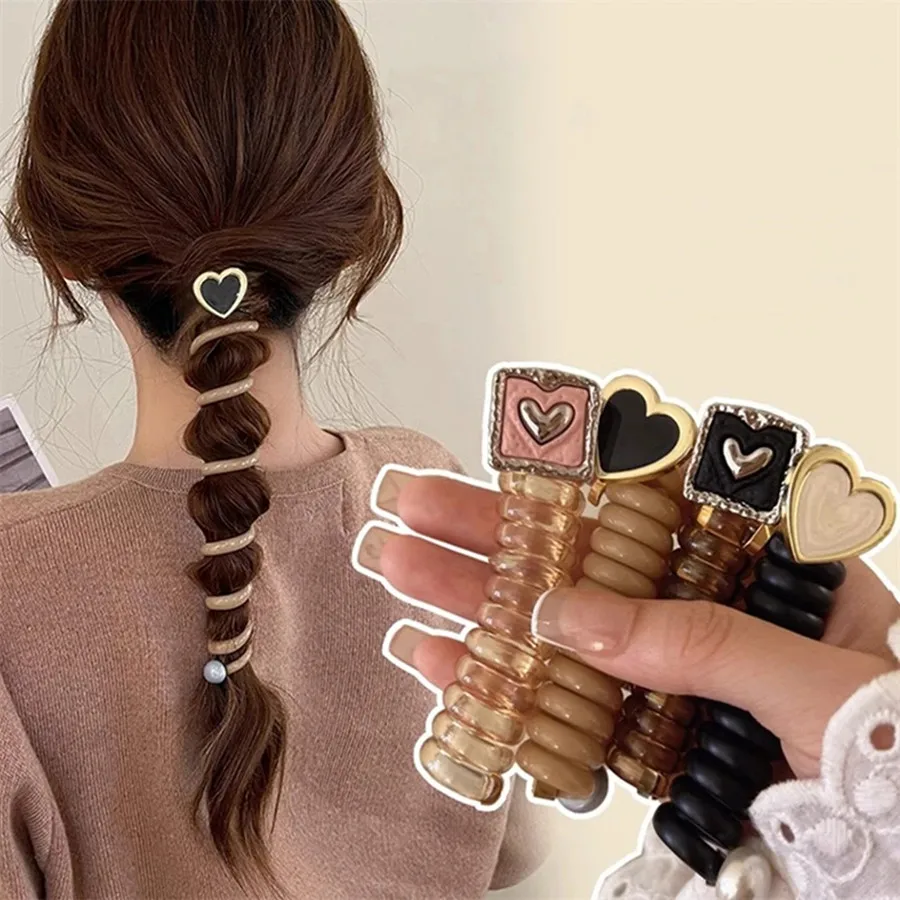 Fashion Star Heart Pendant Telephone Cord Scrunchies Hair Rope Women Girls Rubber Bands Ponytail Holder Spiral Braided Wire Ties