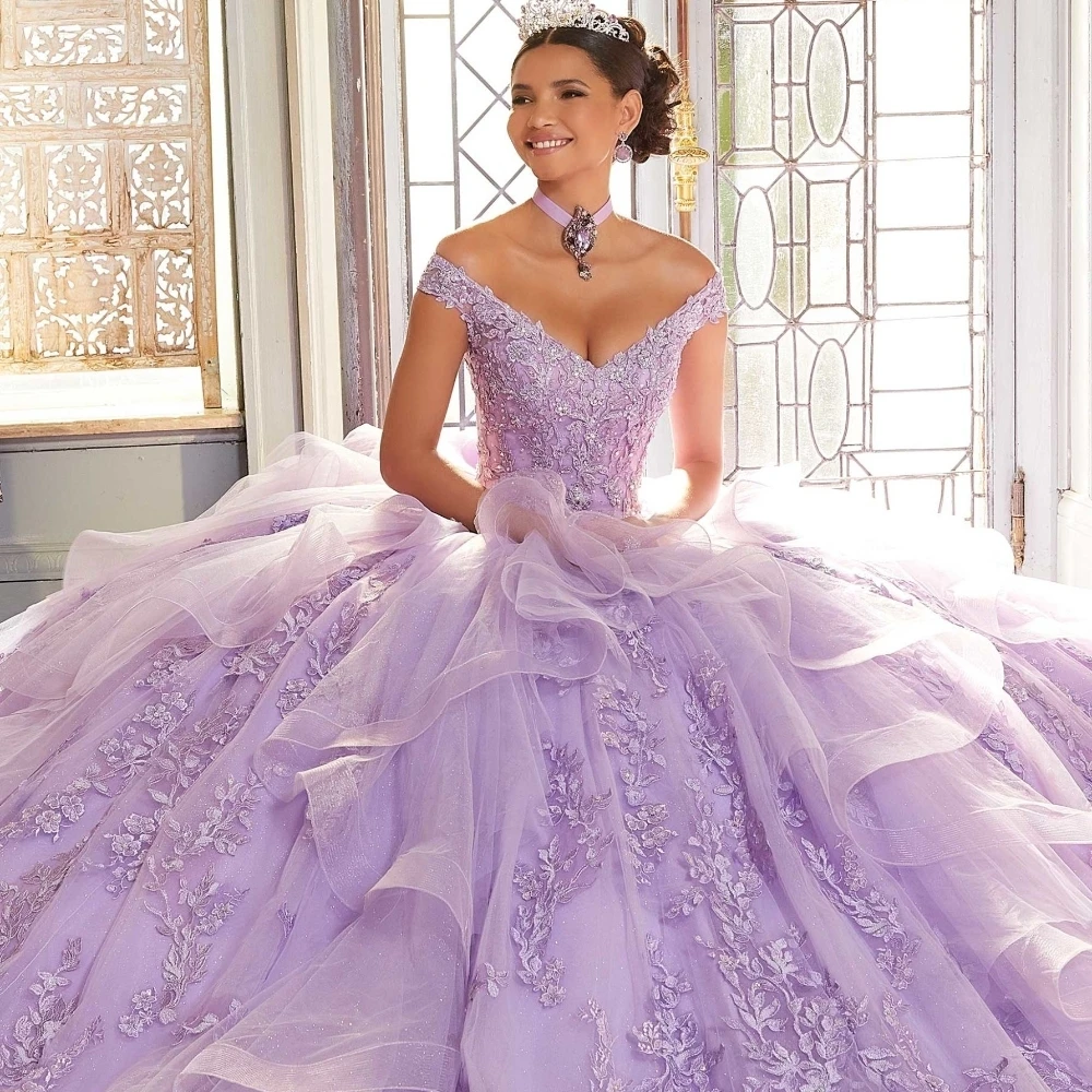 Evlast Mexico Paars Lila Quinceanera Jurk Baljurk 3d Bloemen Applique Kralen Ruches Sweet 16 Vestidos De 15 Años Tqd144