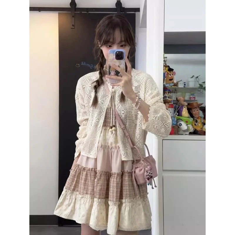 Sexy Camis Dress Bohemian Style Retro Contrasting Patchwork A-line Dresses Korean Fashion Sweet Skirt Vintage Preppy Clothes