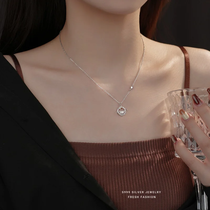 S999Pure Silver Universe Star River Necklace Female Affordable Luxury FashioninsWind Design Pendant Clavicle Chain Wholesale Gif