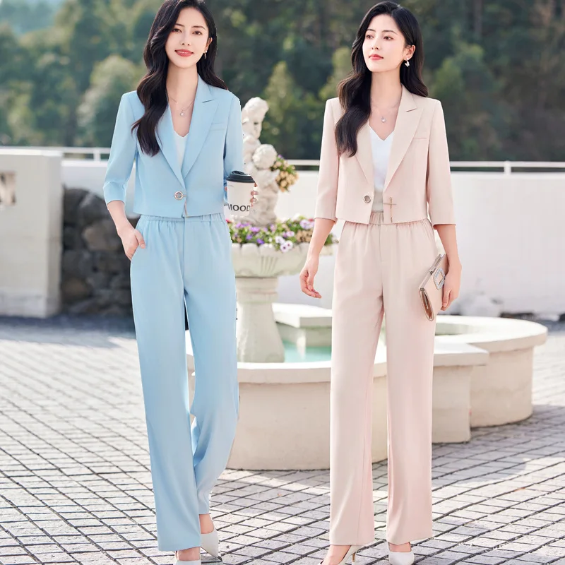 

Blue High-End and Fashionable Casual Wide-Leg Pants Suit Women2024Spring and Summer New Small Short Suit