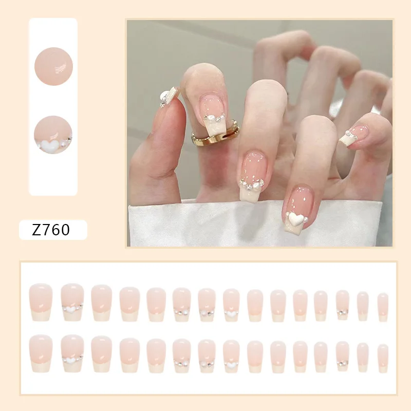 Uñas postizas coreanas para niñas, manicura acrílica de Punta francesa, color crema, Perla blanca, Ballet corto, 24 piezas