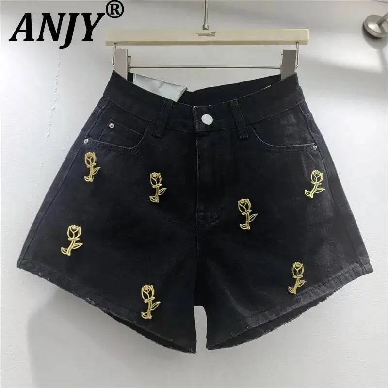 

ANJY 2026 Summer New Women Niche Design Rose Flower Metal Decorated Loose Denim Shorts Trend Fashion Ins Washed Hot Pants A22559