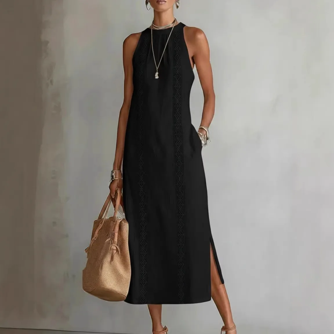 

Spring Summer Halter Neck Solid Color Lace Sleeveless Dress Women's Vacation Beach Maxi Dresses Bohemian Clothing Outfits
