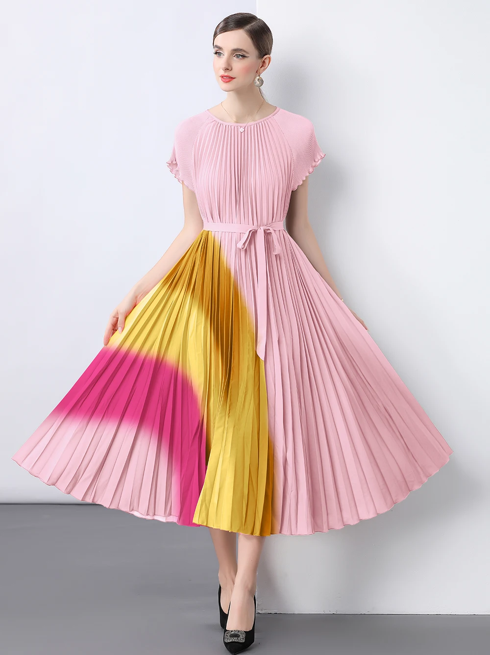

Solid Spliced Folds Loose Dresses For Women Casual O-neck High Waist Sashes Temperament Losse Dresses Female Fashion