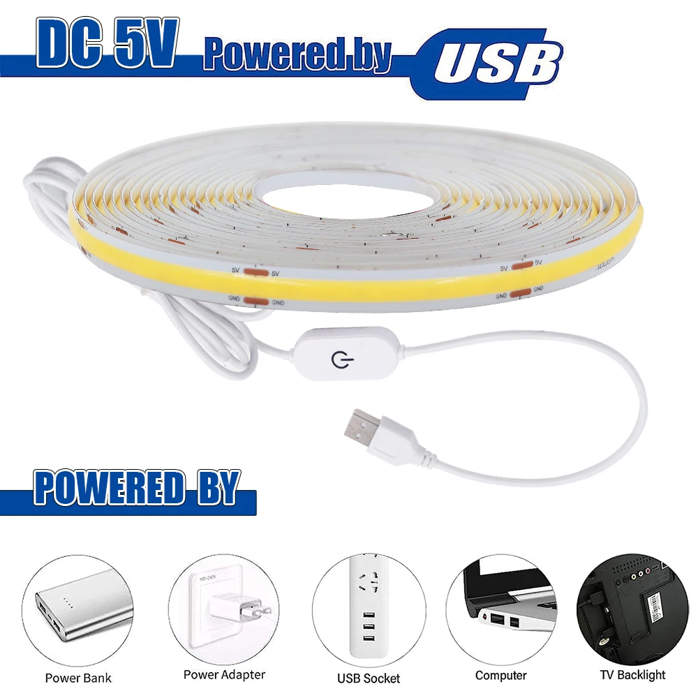 USB COB LED Strip Touch Dimmer 5V 320LEDs/m Flexible Diode Tape Linear Indoor Lighting Lamp DIY TV Mirror Backlight Wall Decor