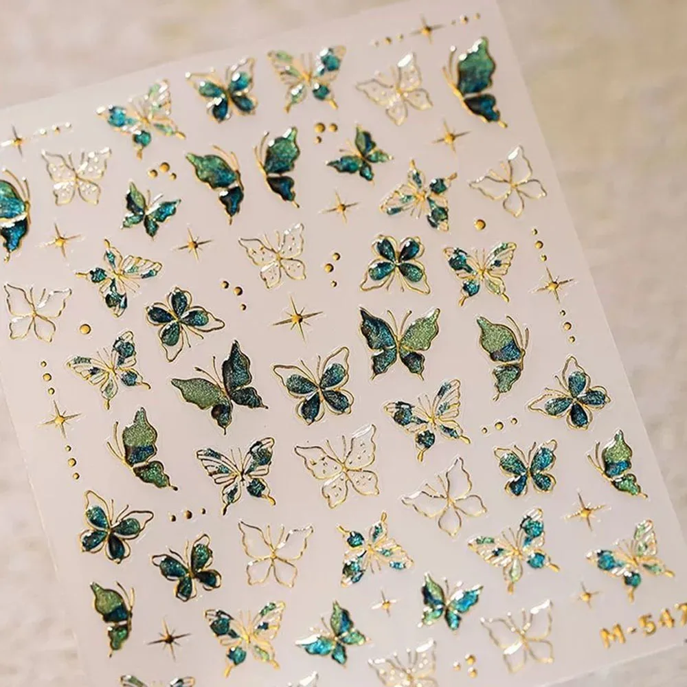 1 unidad de pegatinas para decoración de uñas con mariposa verde dorada bronceadora de gelatina, diseño de brillo con Flash 5D, adhesivo para decoración de uñas, accesorio de manicura