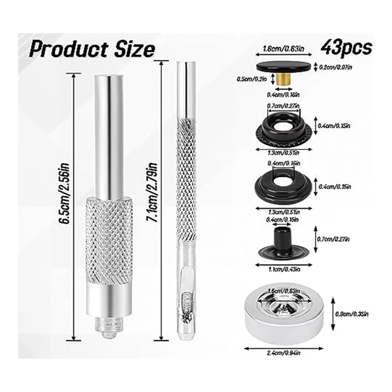 43 Piece Metal Garment Snaps With 3 Piece Snap Fixing Tools For Garment Bags, Jackets, Craft Making Supplies