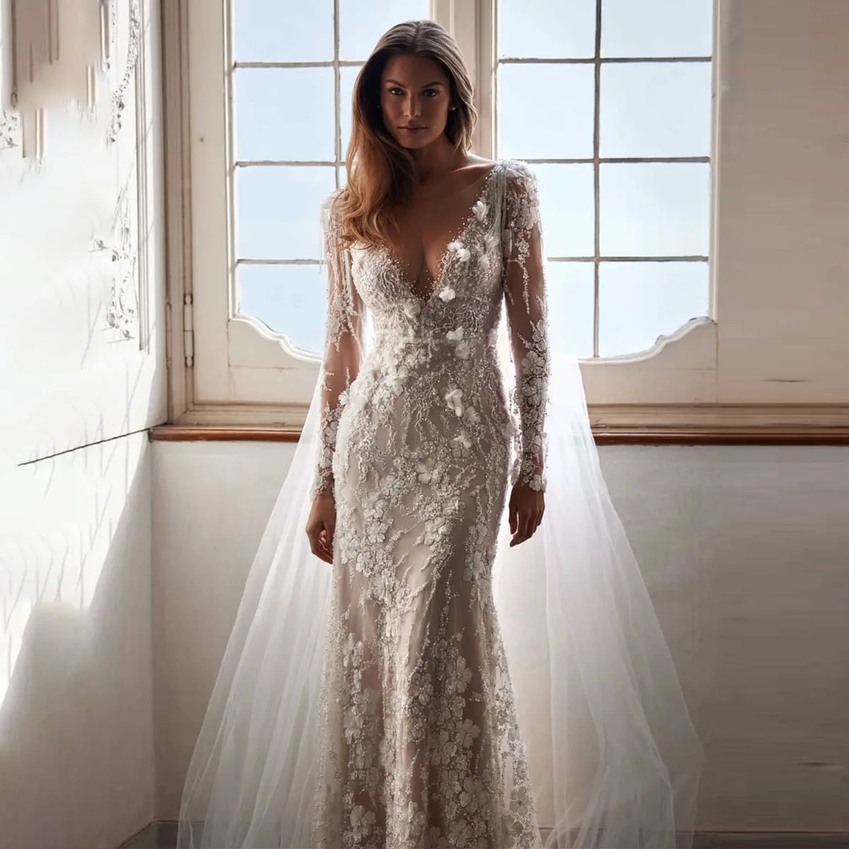 

Высококачественные свадебные платья в стиле русалки для девочек, свадебное платье с 3D цветами, аппликацией, V-образным вырезом, кружевом и бисером, Vestido De Novia, на заказ