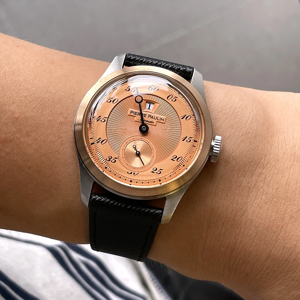 Pierre Paulin Jumping Hour Watch for Men Bronze Ring Vintage Salmon Dial Automatic Watches Reloj Hombre
