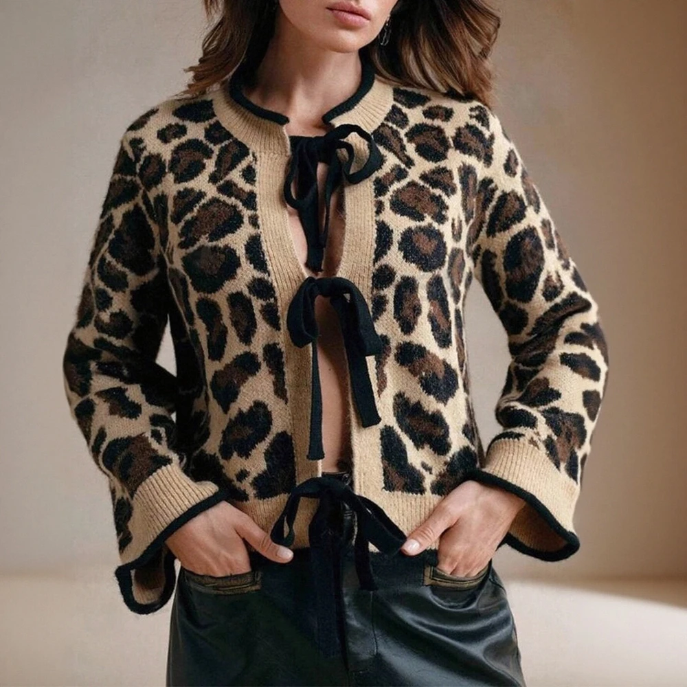

Женский свободный вязаный свитер с леопардовым принтом, кардиган, осенний модный тренд, ленивый стиль, верхнее пальто с завязками на веревке