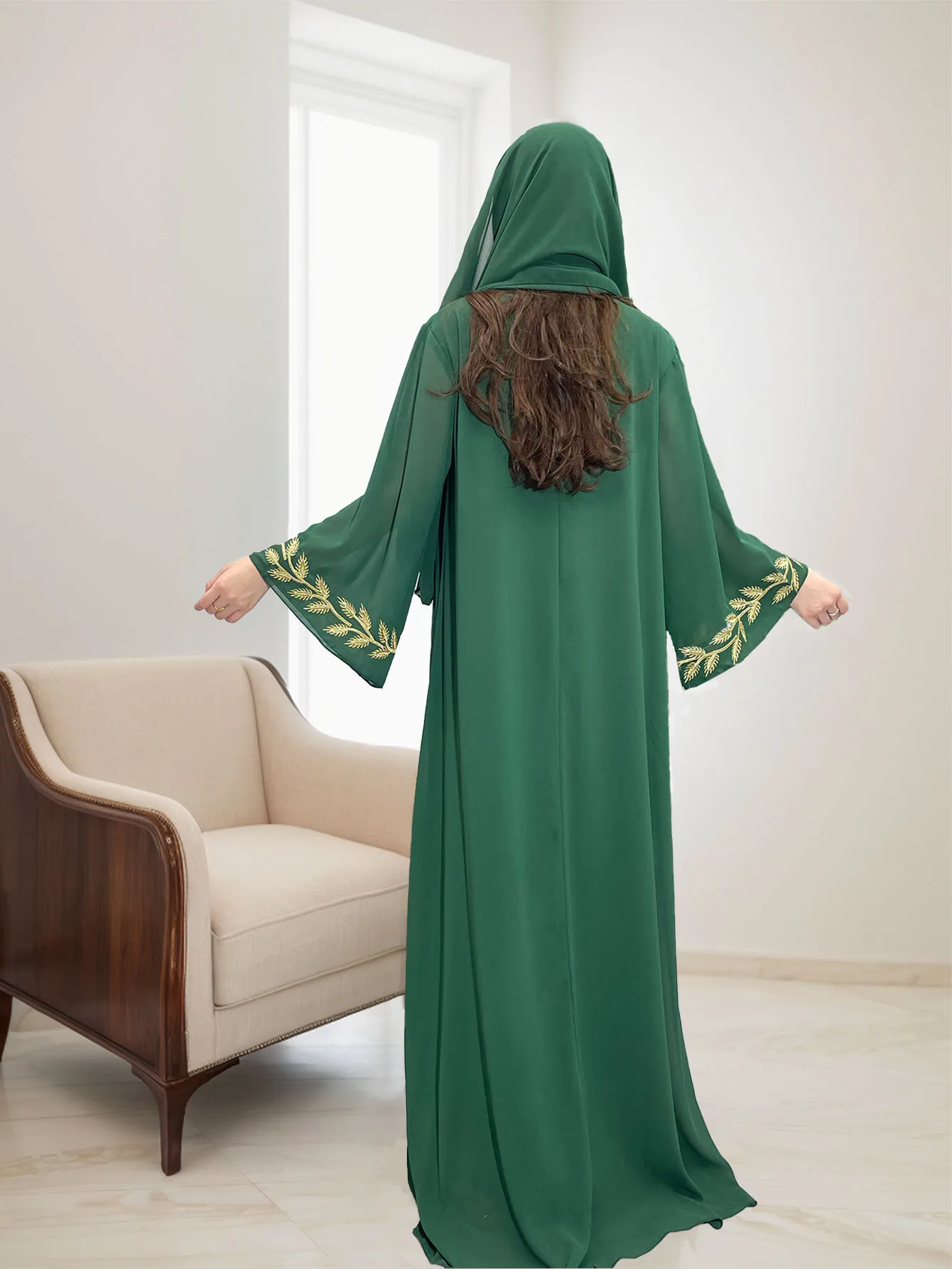 Vestido largo bordado con estampado botánico y cuello redondo de gasa de calle a la moda de Turquía