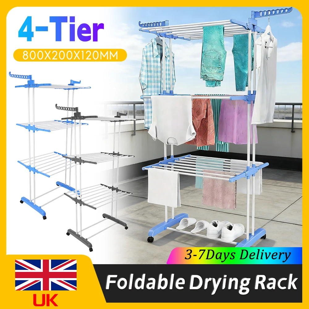 

4-Tier Expandable Clothes Drying Rack Foldable Movable 4 Castors Free Standing for Towels Clothes Shoes Linen Indoor Outdoor New