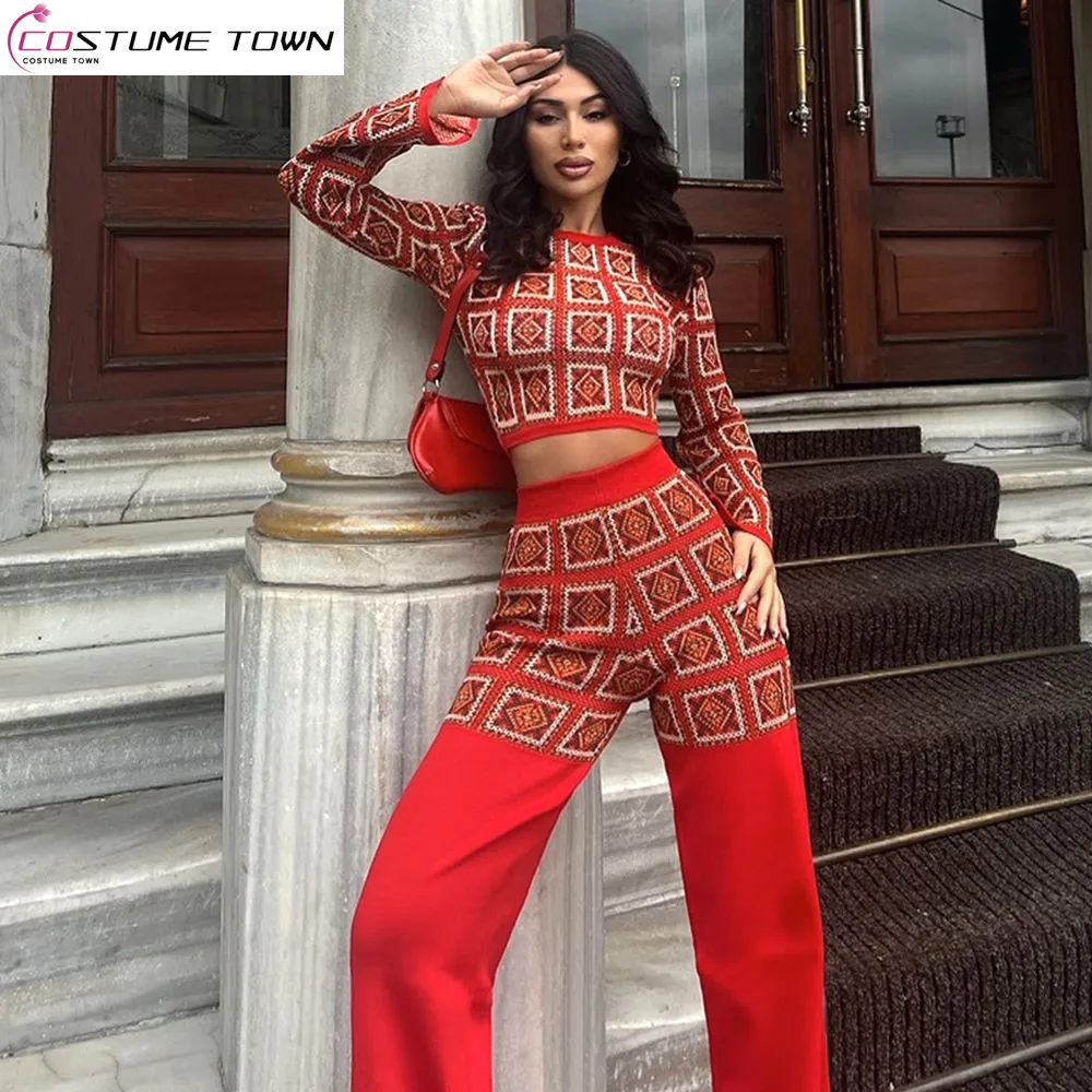 

Stylish Ethnic Style Printed Checkered Patchwork Long Sleeved Top Casual High Waisted Straight Leg Pants Two-piece Set