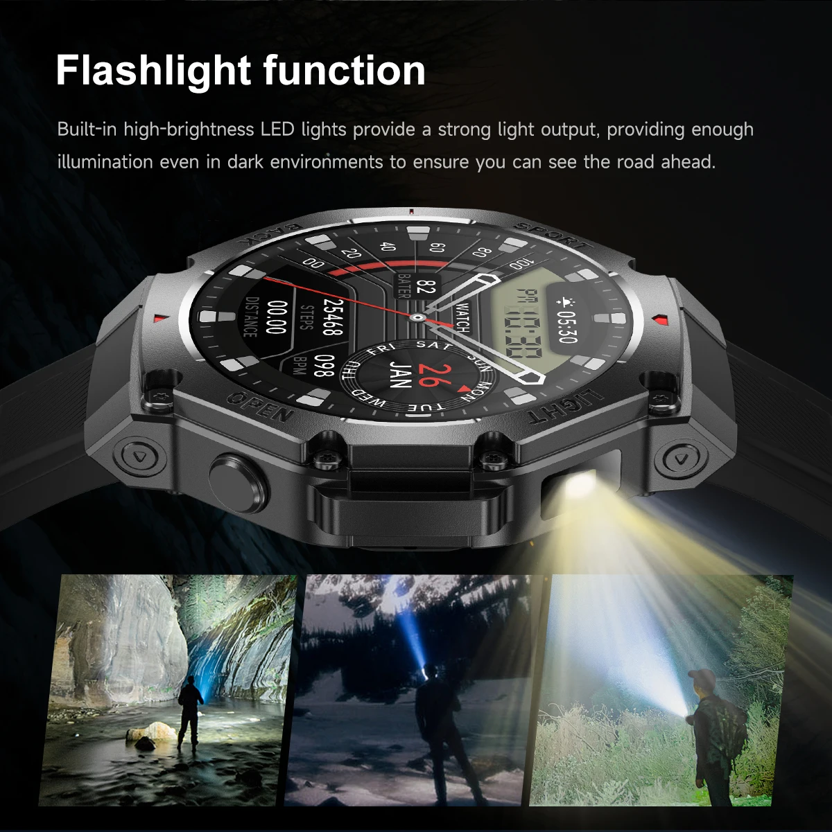 Outdoors Military Smartwatch Men 3ATM Bluetooth Call Health monitor Sports Fitness GPS trajectory 410mAh LED light Smartwatch