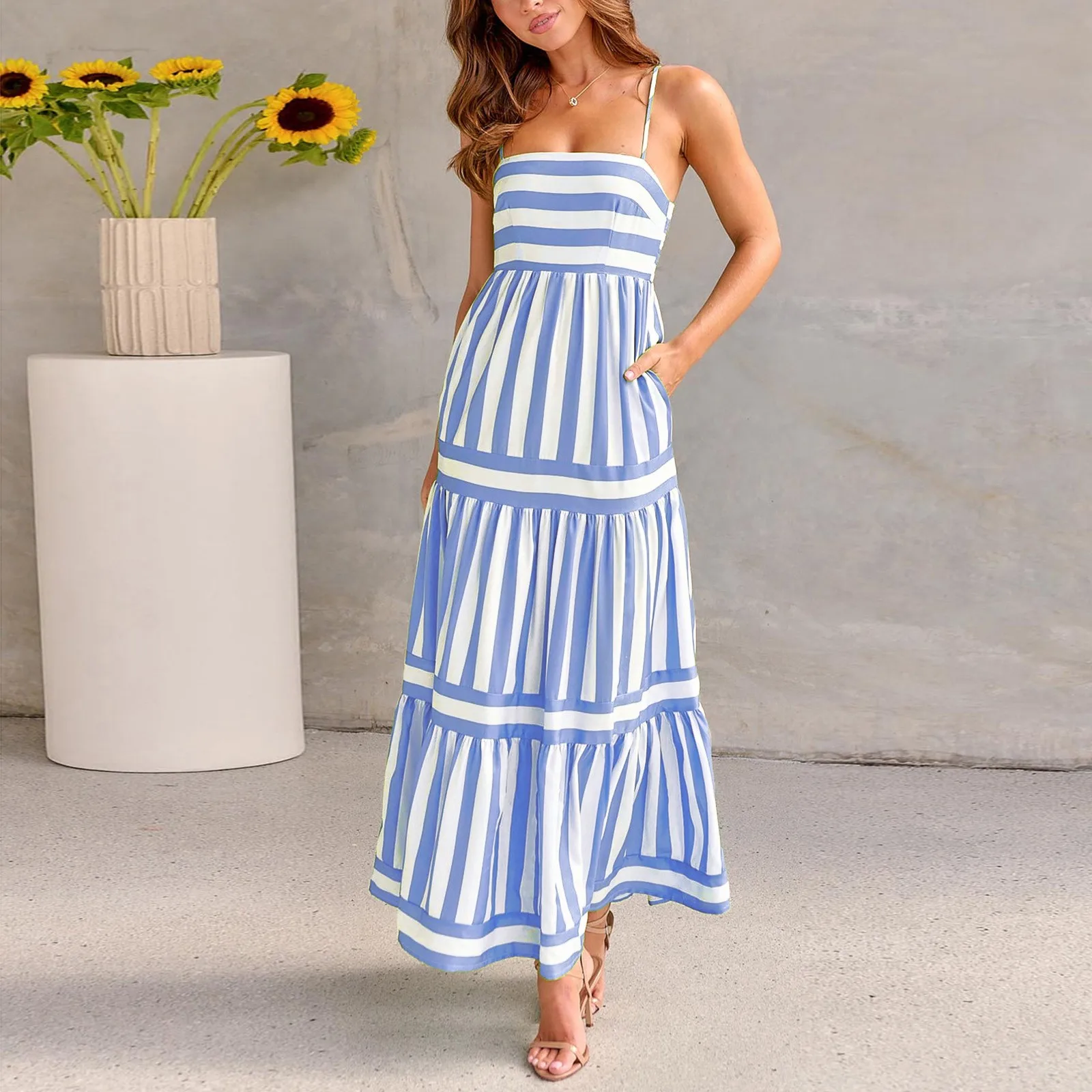 

Stripe Elegant Sexy Evening Party Dresses Sleeveless Ankle-Length Evening Party Dresses With Large Hem Vestidos De Fiesta