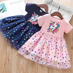 2024 Summer Baby Girls Princess Sundress For 1-7Years Kids Puffy Gauze Slip Dress Children Unicorns Cartoon Casual Dress