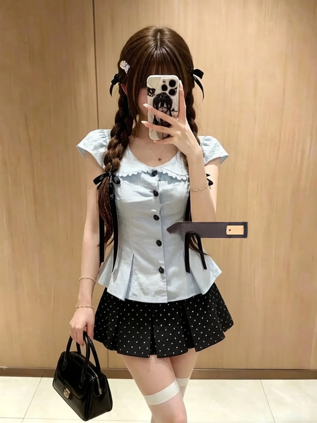 Summer 2026 Women's Polka Dot Puffy Sleeve Shirt And Skirt Set High Waist Pleated Fish Tail Design School Uniform Style Outfit