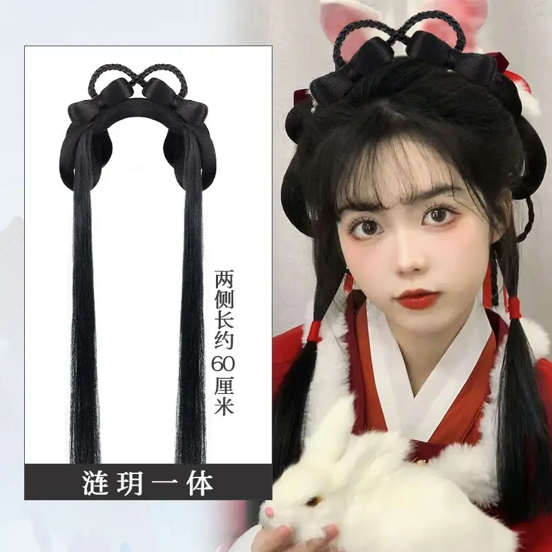 Ming Dynasty Hanfu คอสเพลย์วิกผม All-in-One Puffy Horn Bun Bowknot คลิปจีนโบราณผมทุกวัน Updo Hairpiece สําหรับผู้หญิง