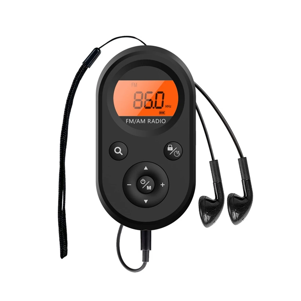 

Mini FM/AM Radio Portable Pocket 76-108MHZ Rechargeable Radio Receiver with LCD Display Backlight Lanyard Design