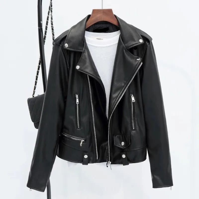 Fashionable Zipper Flip-Collar Pure Color Women's Leather Jacket Coat Stylish Outerwear Commute Style Synthetic Leather Long ...