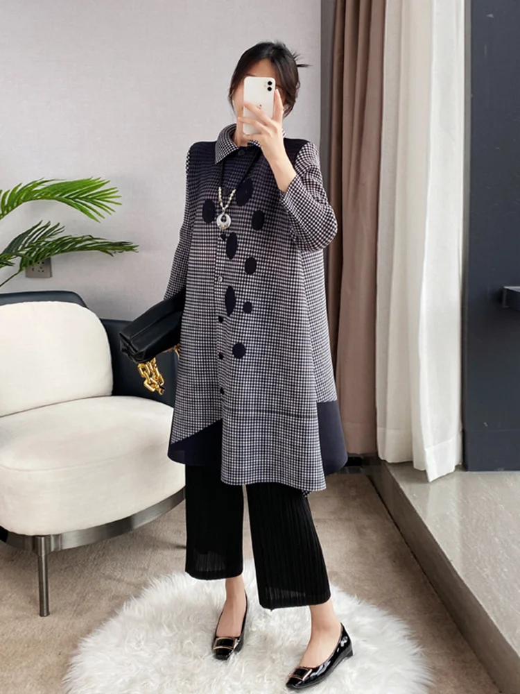 Women Miyake Pleated Dresses Single Breasted Lapel Long Sleeve Color Block Print Lady Loose Luxury Party Clothes 2023 Spring New