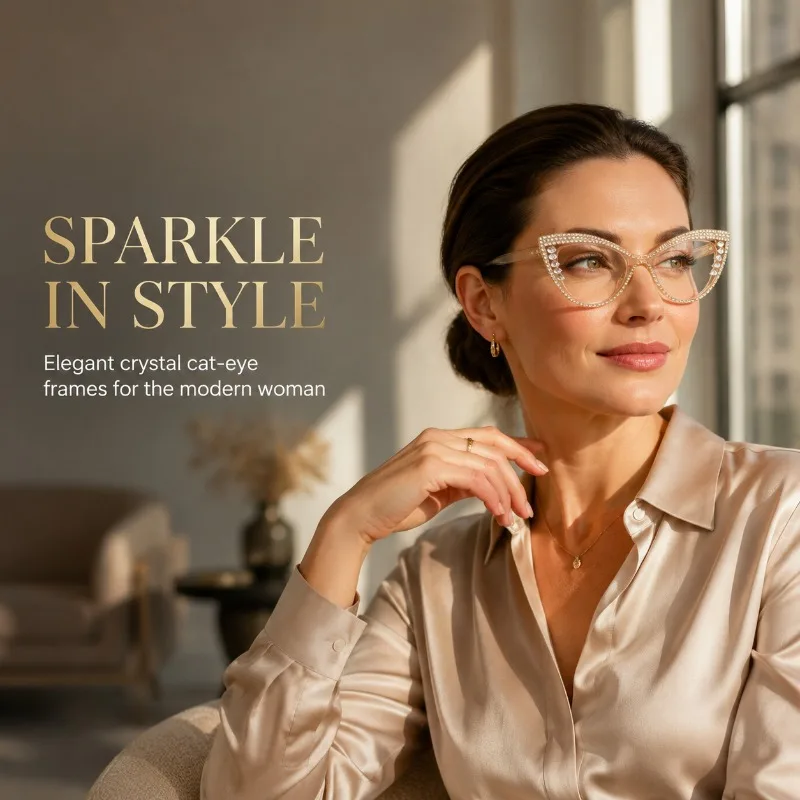 Women Rhinestone Cat Eye Eyeglasses Frame Sparkling Clear Optical Glasses Elegant Office Wedding Party Fashion Eyewear