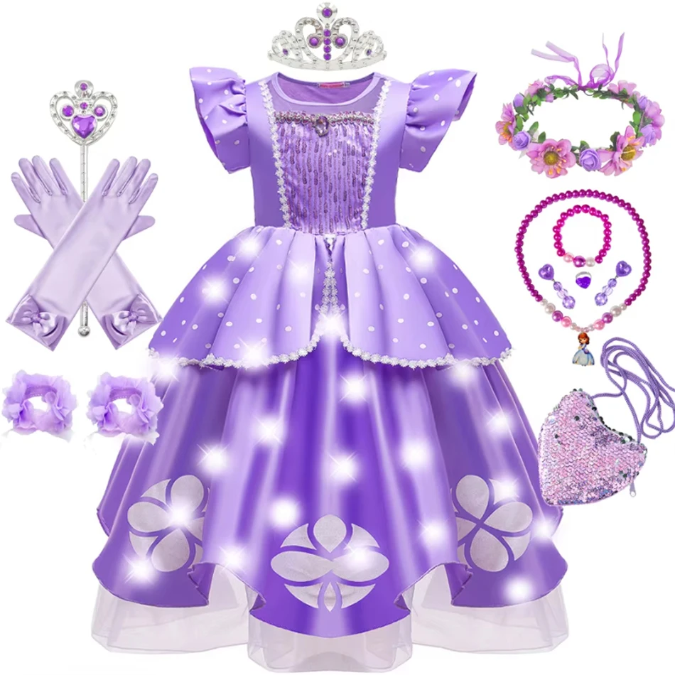 Sofia Cosplay Princess Dress Costume for Girls Birthday Party Vestidos Luxury LED Light Up Carnival Anime Movie Role Play Gown