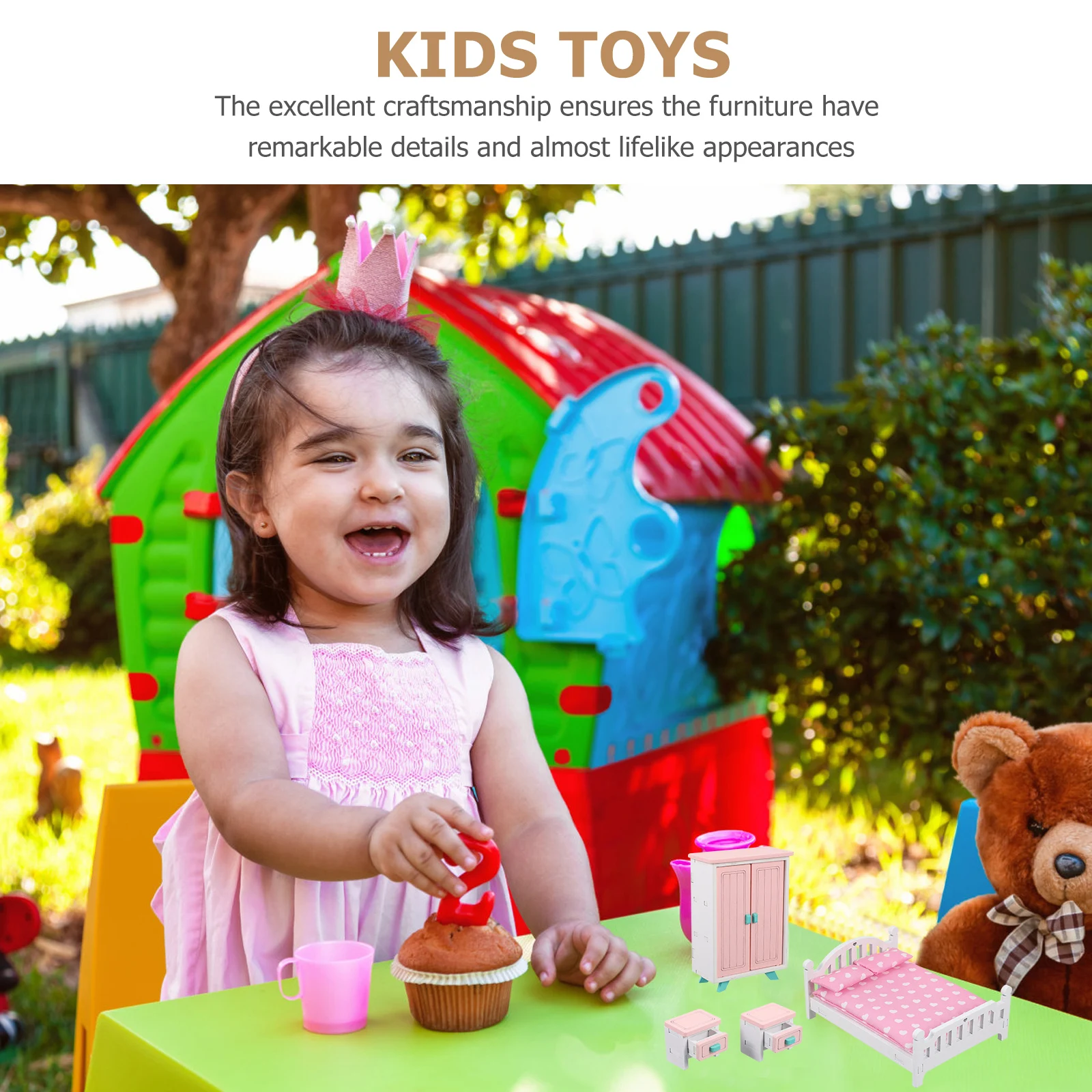 ドールハウスミニチュア寝室セット、幼児向けごっこ遊び用ミニ家具キット1セット、ベビーアクセサリー、ベッド、ワードローブ、ベッドサイドテーブル付き