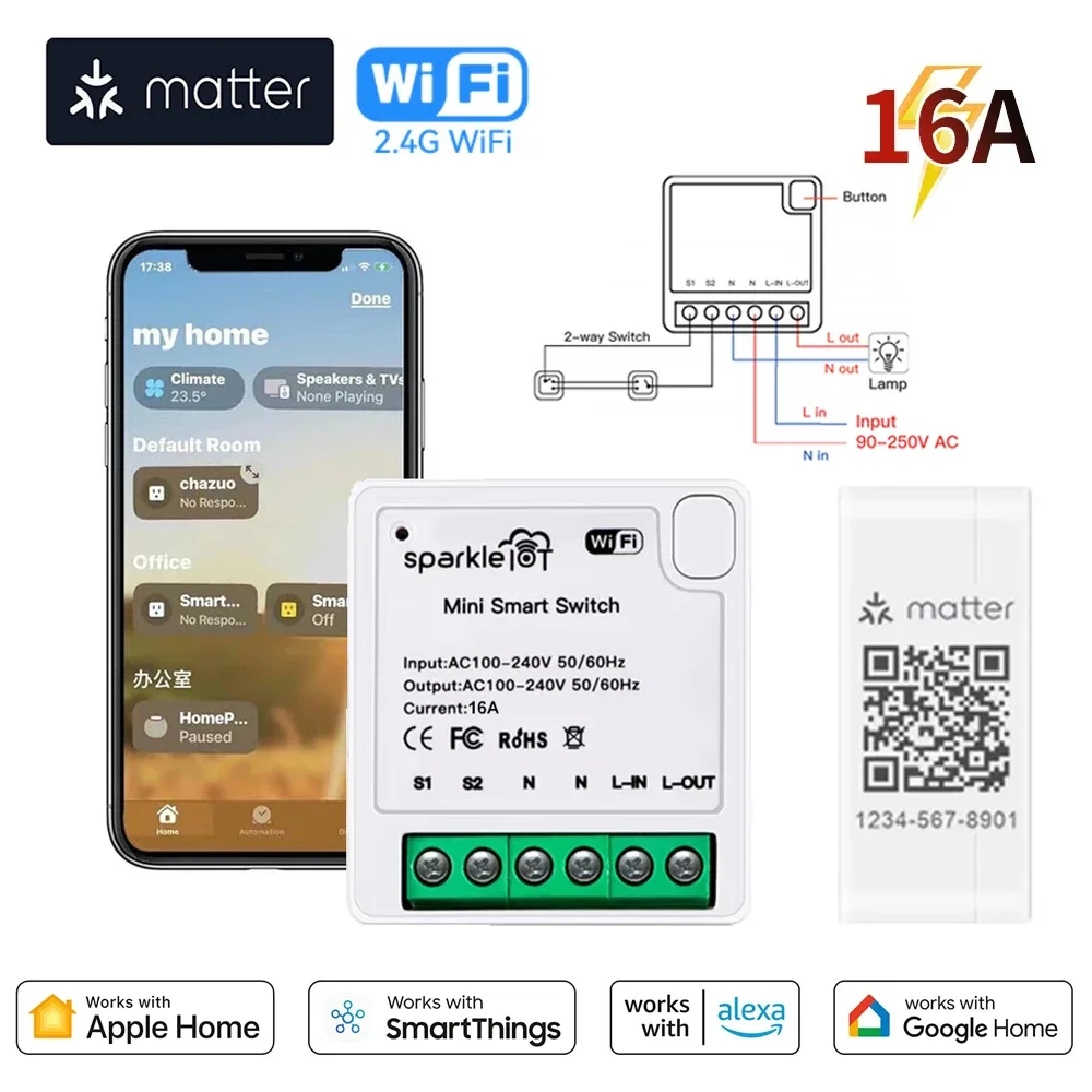 

Matter Smart Switch 16A Mini WiFi Relay Module DIY Wireless Light Switch Home Automation Works with Homekit Alexa Google Home