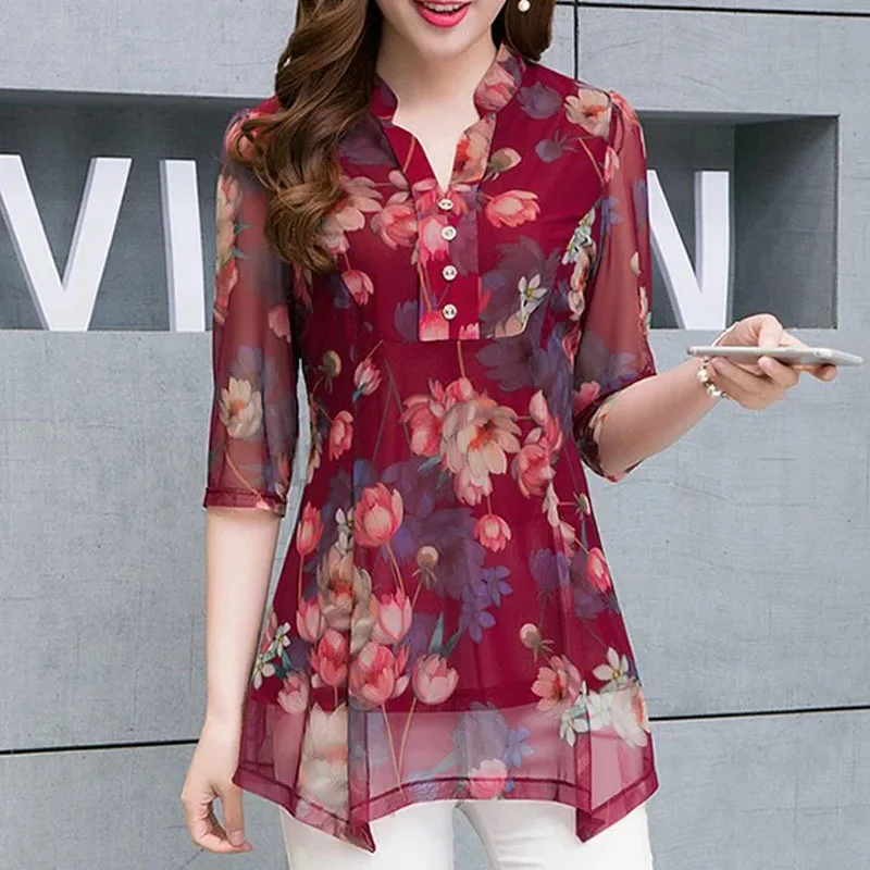 V-Neck Slim Floral Chiffon Shirt 2023 Fashion Summer Women\'s Clothing Casual Elegant Female Half Sleeve Gauze Spliced Blouse