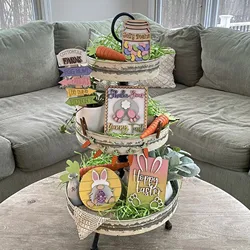 Easter Tiered Tray Decorations Spring Table Wooden Sign Decoration Easter Table Farm Signs Carrot Bunny Three Tier Serving Tray
