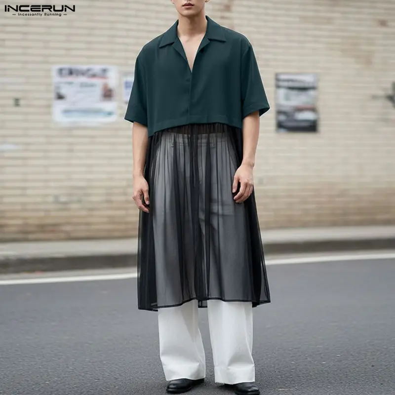 

INCERUN Men Long Style Shirt Mesh Patchwork See Through Male Tops Cardigan Short Sleeve Loose Fashion Streetwear Men Clothing